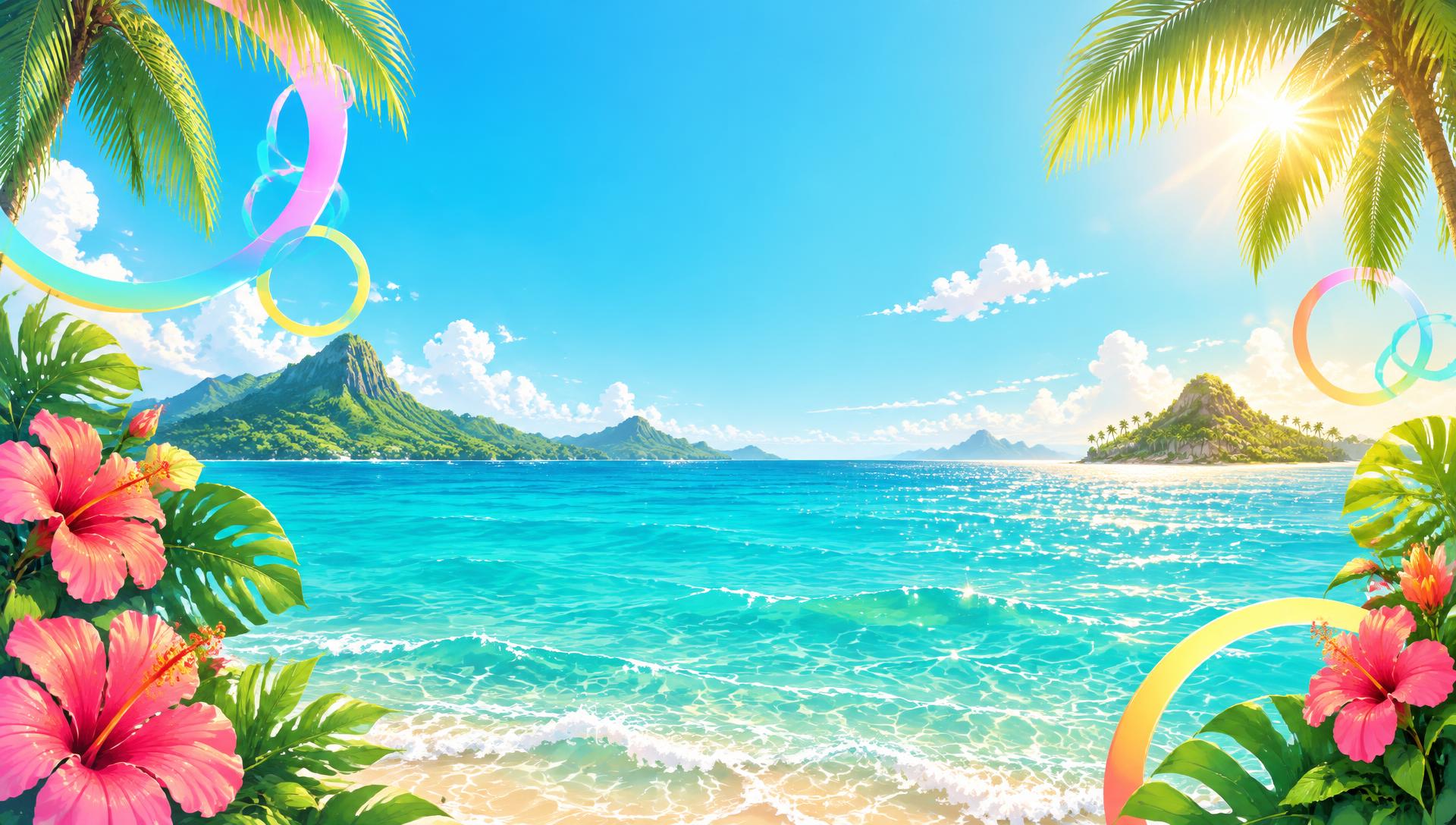 Tropical turquoise ocean with islands, palm leaves, hibiscus flowers and colorful floating loops