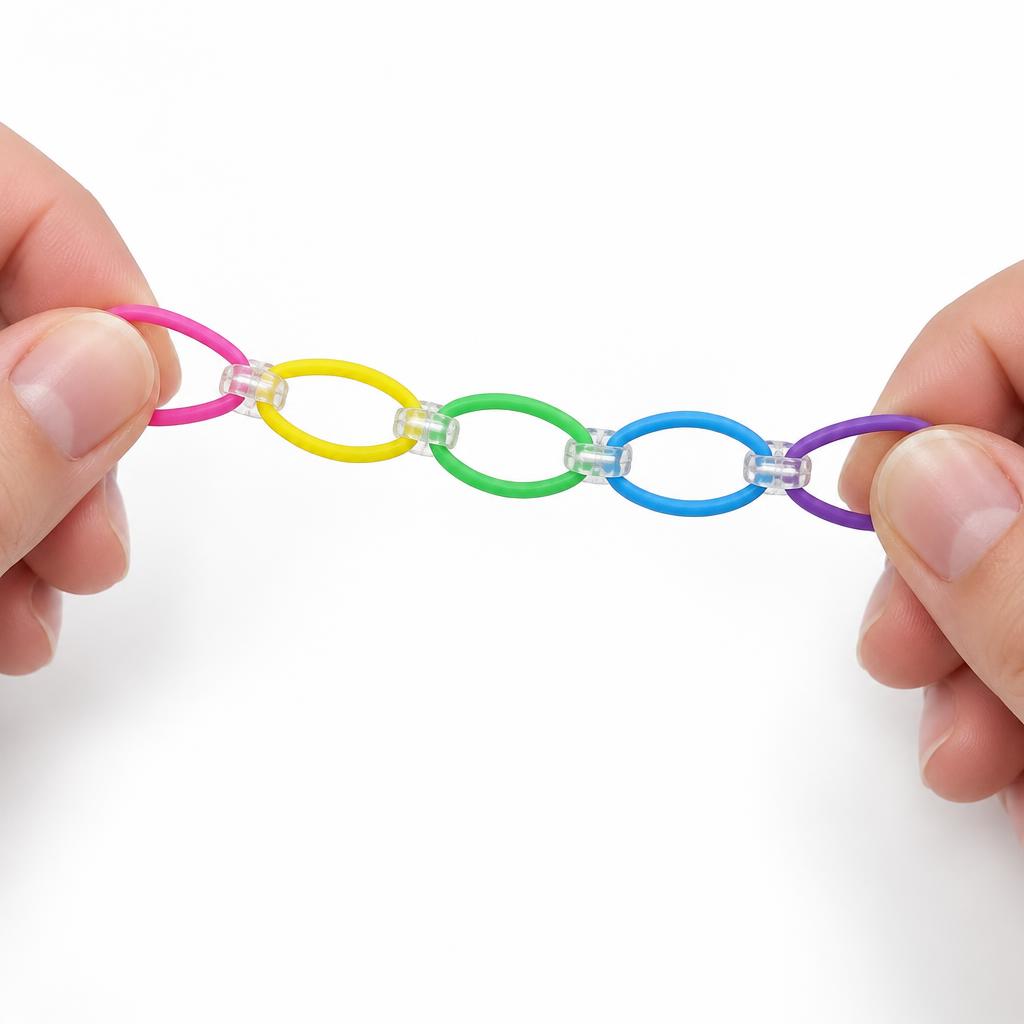 A Loopsy bracelet being gently stretched, showing the separate connected loops