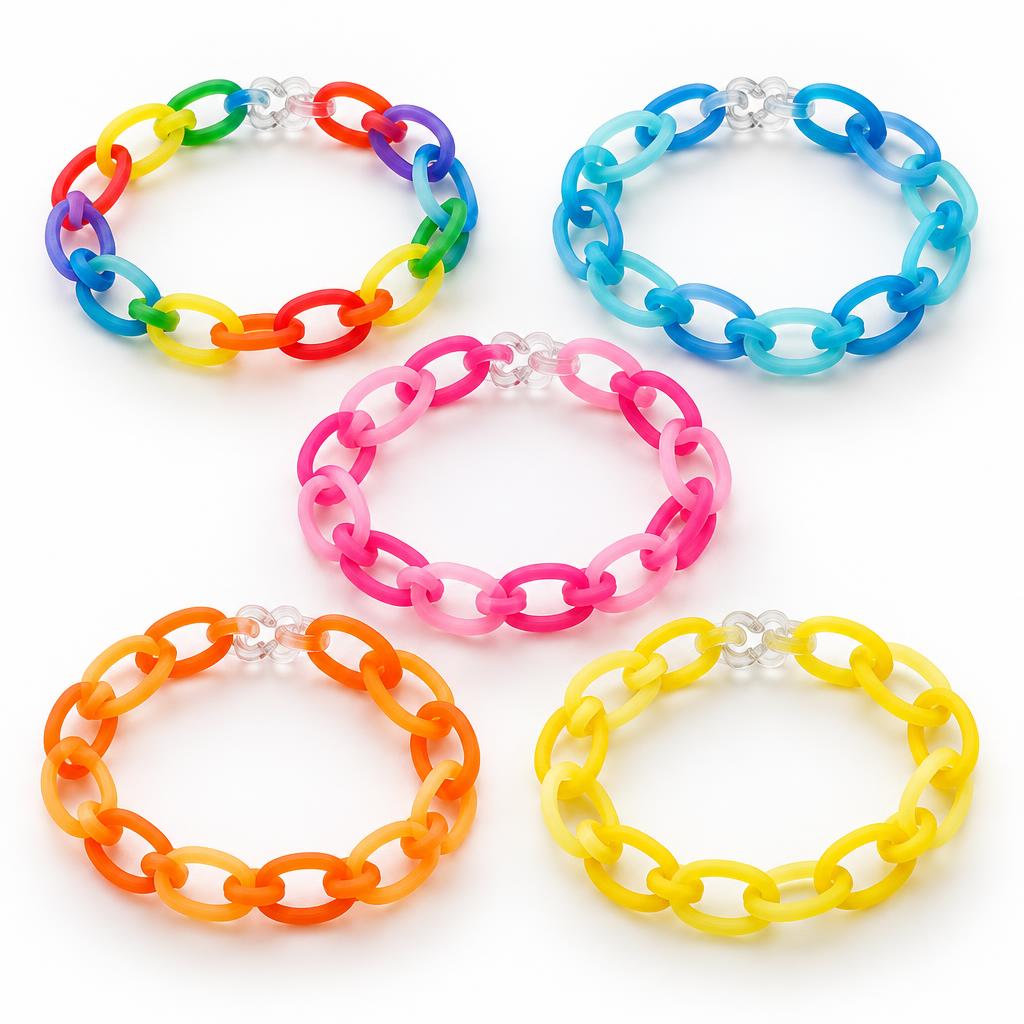 Several colorful Loopsy loop-chain bracelets together